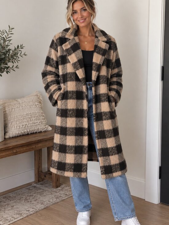 Only Jackets & Blazers - ONLY Beige and Brown Checked Long Peacoat with Wide Lapel